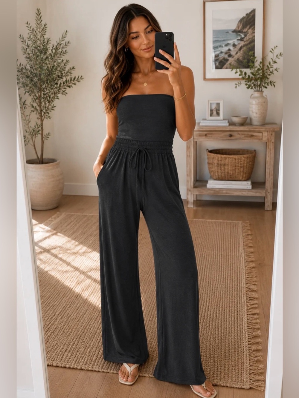 NWOT Zenana “Strapless Tube Top Elastic Waistband w/🎀 Wide-Leg Jumpsuit” BLK🖤MED
